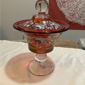 Paden City VTG CRANBERRY Hand Painted Flourish House Covered Tall Ruby COMPOTE
